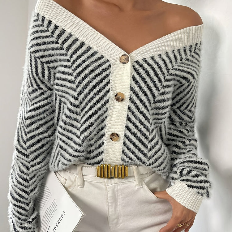 Striped Drop Shoulder Button Front Cardigan, Elegant V Neck Long Sleeve Cardigan For Fall & Winter, Women&