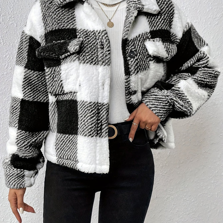 Plaid Pattern Button Front Fuzzy Coat, Casual Long Sleeve Warm Outerwear For Fall & Winter, Women&