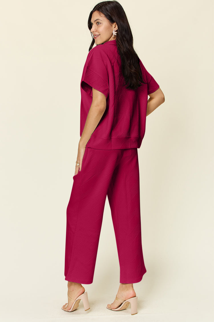 Double Take Full Size Texture Half Zip Short Sleeve Top and Pants Set - MyEmpired