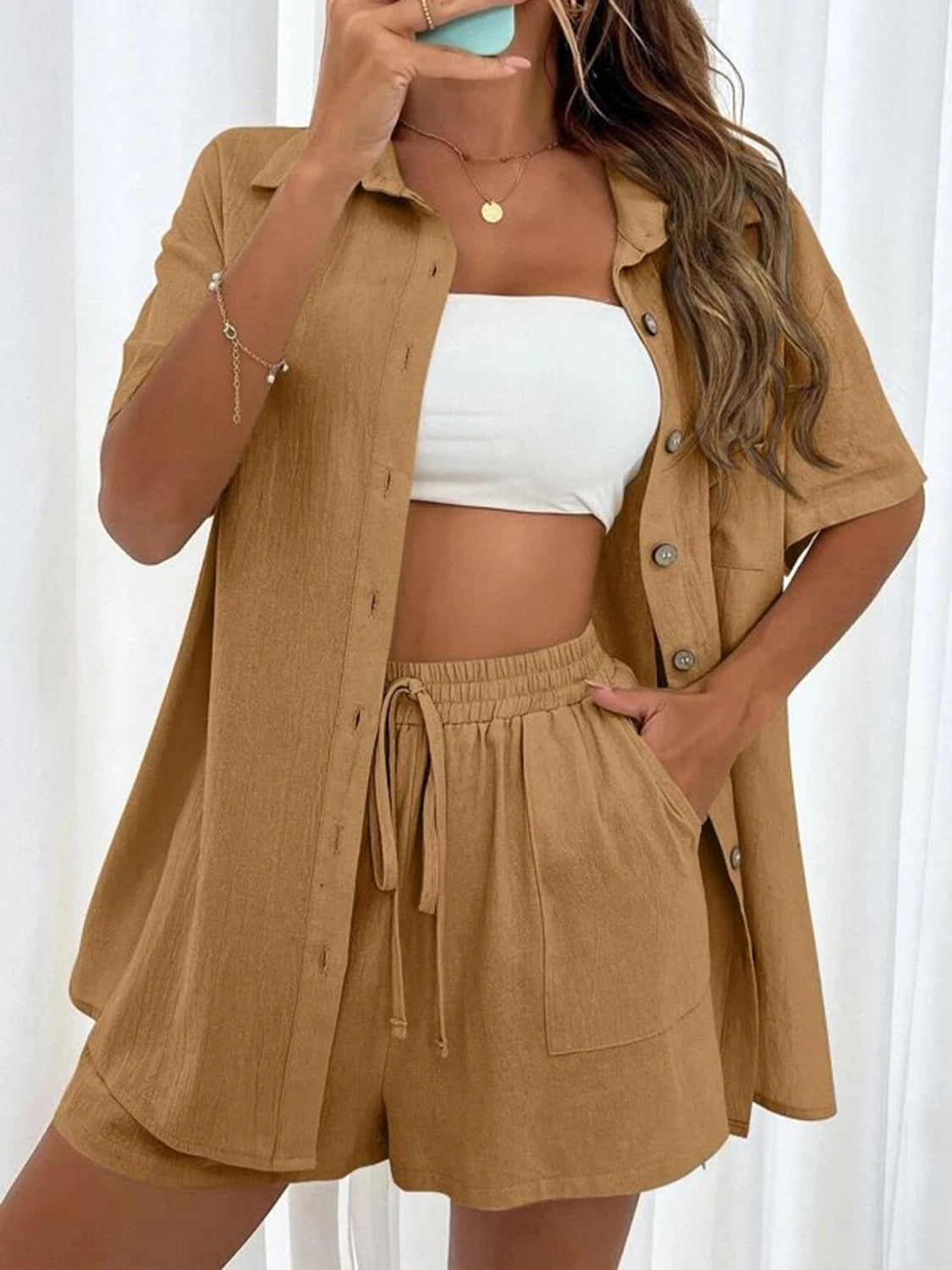 Button Up Shirt and Drawstring Shorts Set - MyEmpired