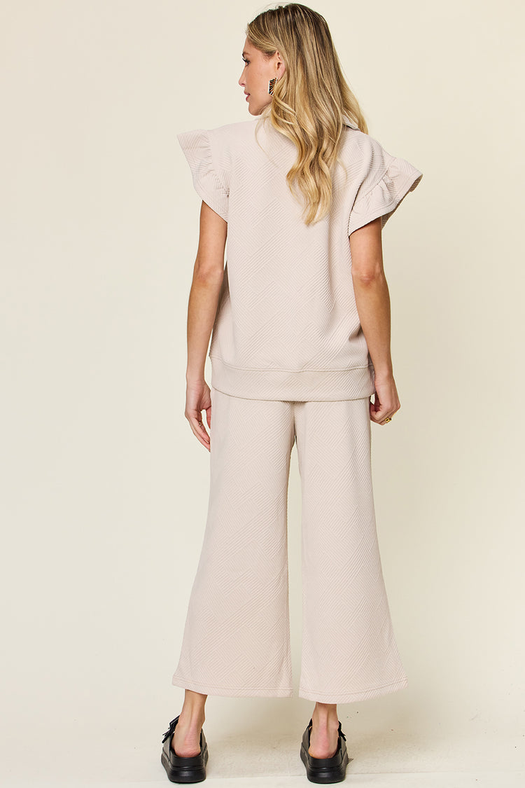 Double Take Texture Ruffle Short Sleeve Top and Drawstring Wide Leg Pants Set - MyEmpired
