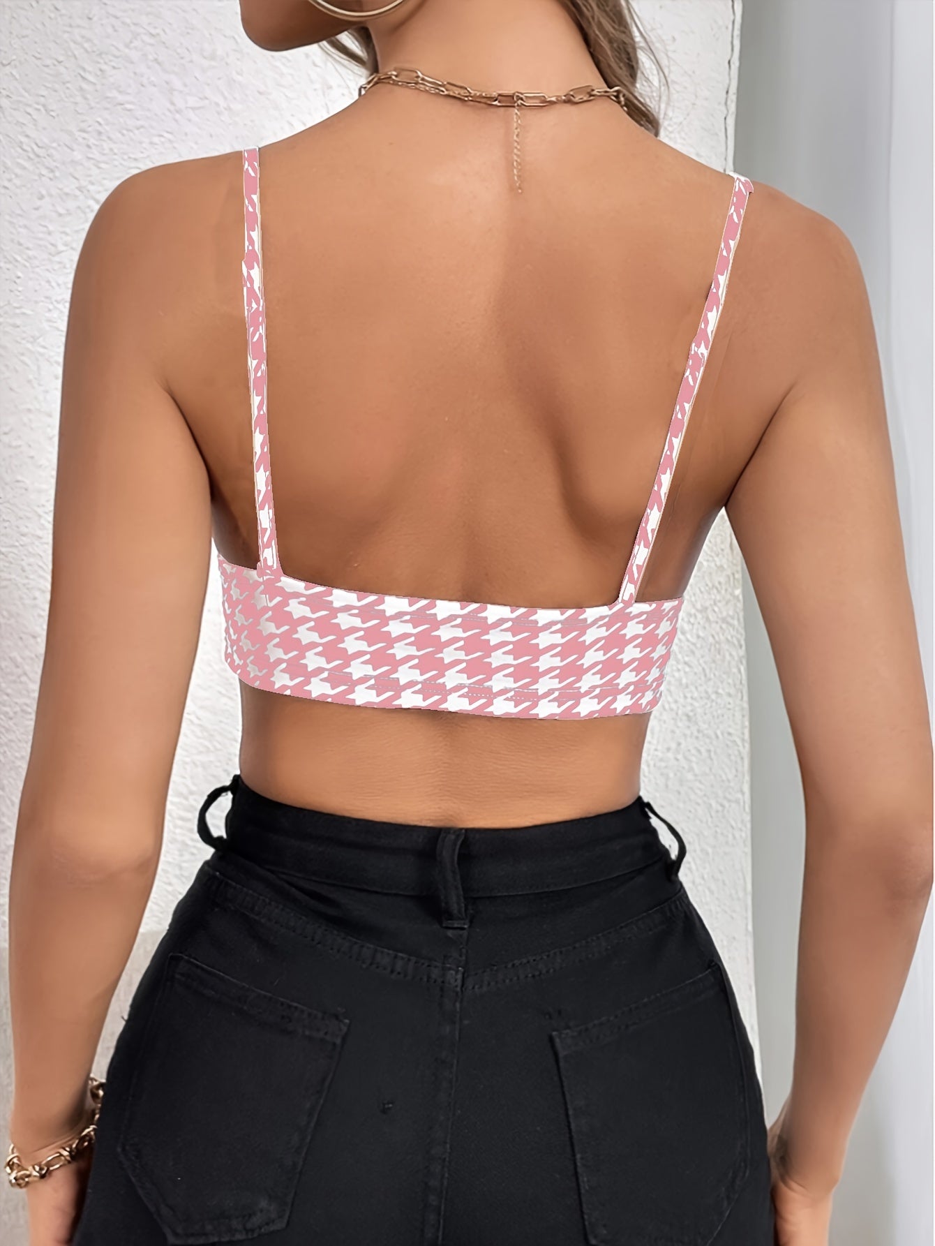 Houndstooth Print V Neck Cami Top, Sexy Backless Slim Sleeveless Spaghetti Strap Crop Top, Women&