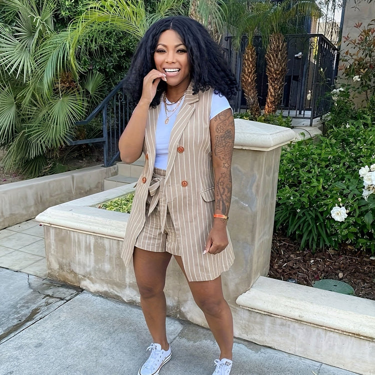 Elegant Striped Print Two Pieces, Double-Breasted Lapel Collar Sleeve Vest & Paper Bag Waist Belted Shorts Outfits, Women&