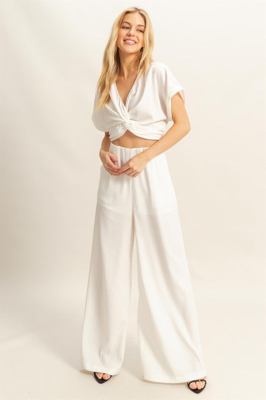 HYFVE Twisted Front Short Sleeve Top and Wide Leg Pants Set - MyEmpired