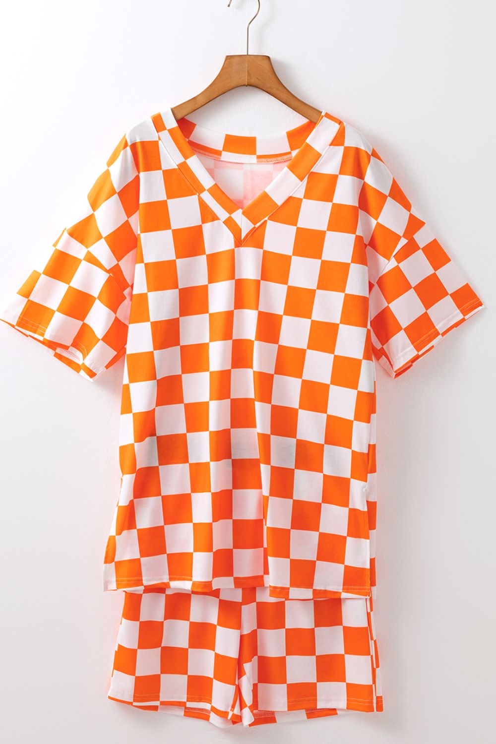 Checkerboard V Neck Loose Tee and Shorts Set - MyEmpired