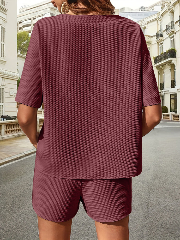 Waffle-Knit Half Sleeve Top and Shorts Set - MyEmpired