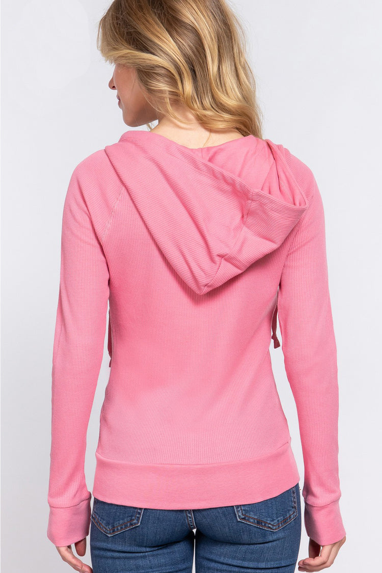 ACTIVE BASIC Waffle Knit Drawstring Zip Up Long Sleeve Hoodie - MyEmpired