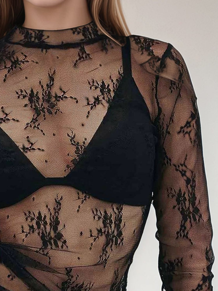 Floral Mock Neck Long Sleeve Mesh Top - MyEmpired