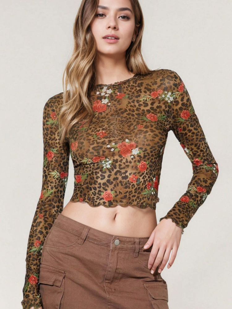 Leopard Floral Round Neck Long Sleeve Mesh T-Shirt - MyEmpired
