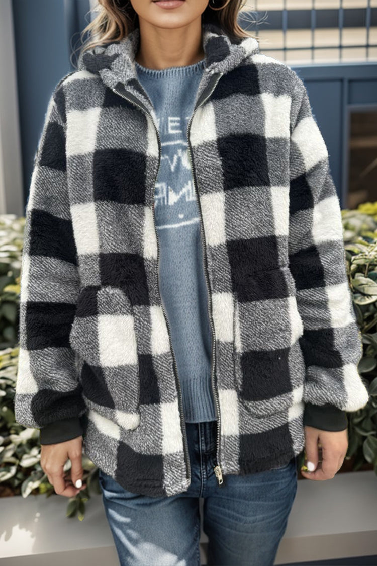 Double Take Full Size Plaid Long Sleeve Hooded Coat - MyEmpired