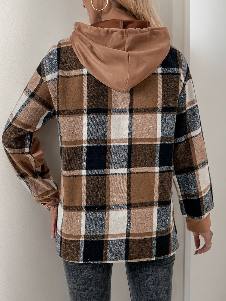 Perfee Drawstring Slit Plaid Long Sleeve Hoodie - MyEmpired