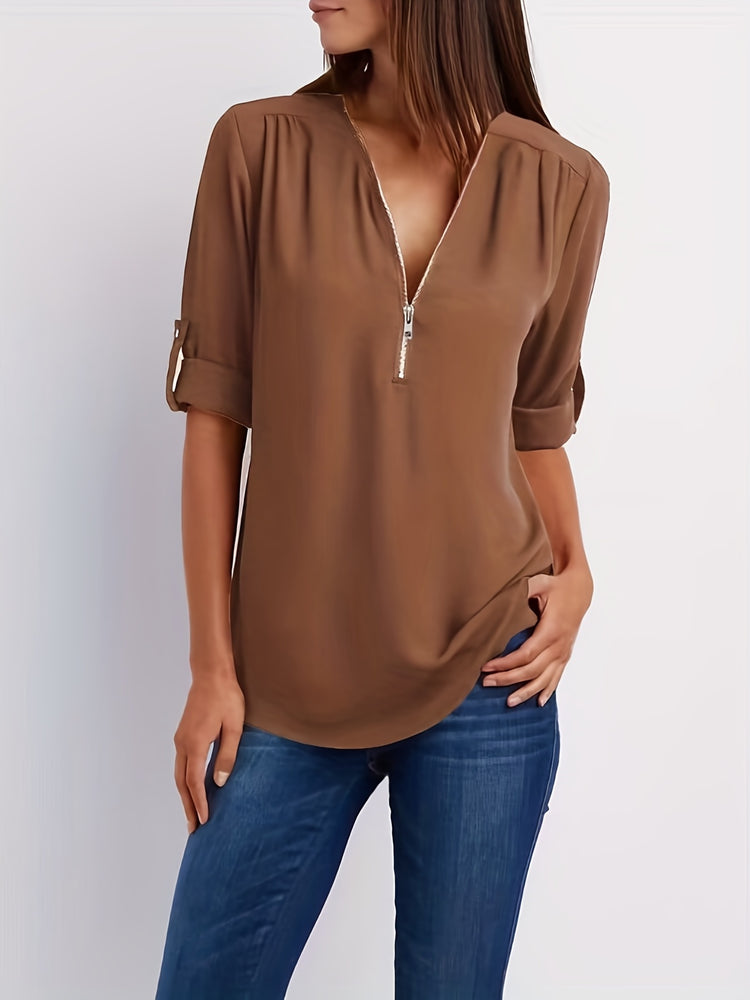 Solid V Neck Blouse - MyEmpired