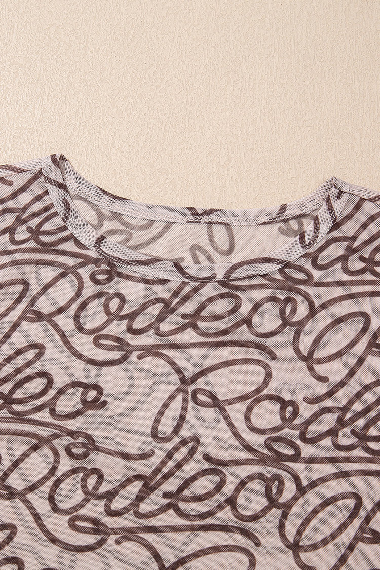 Printed Round Neck Short Sleeve Mesh T-Shirt - MyEmpired