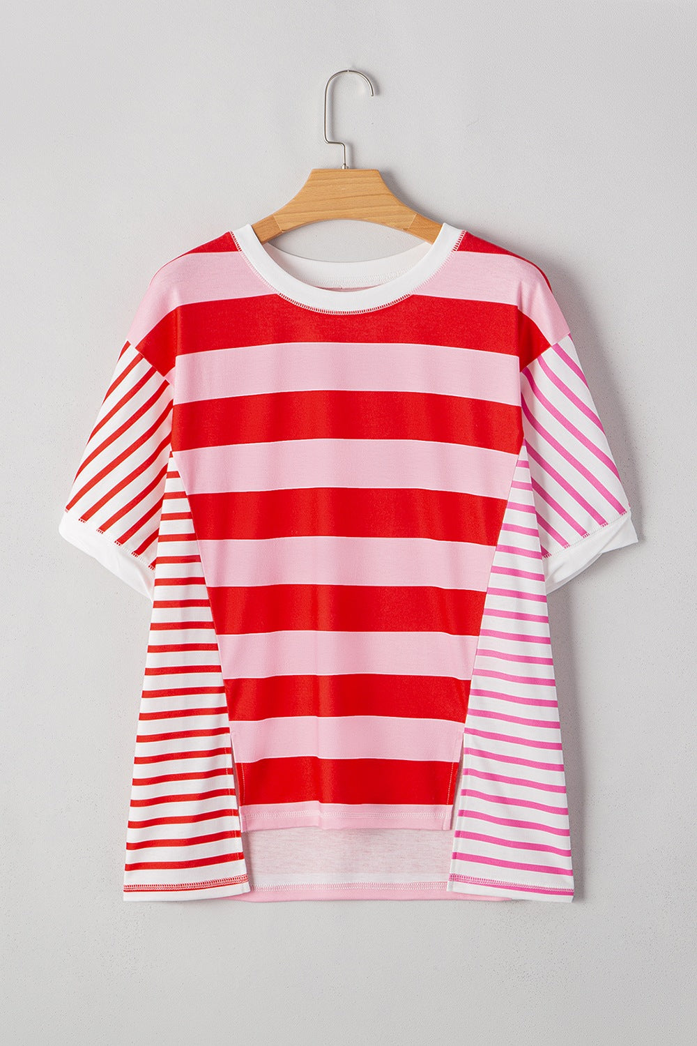 Stripe Side Slit Round Neck T-Shirt - MyEmpired