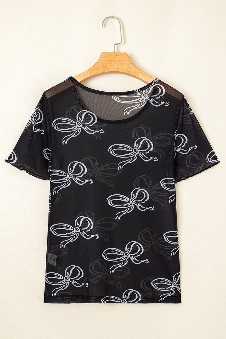 Bow Mesh Round Neck Short Sleeve T-Shirt - MyEmpired