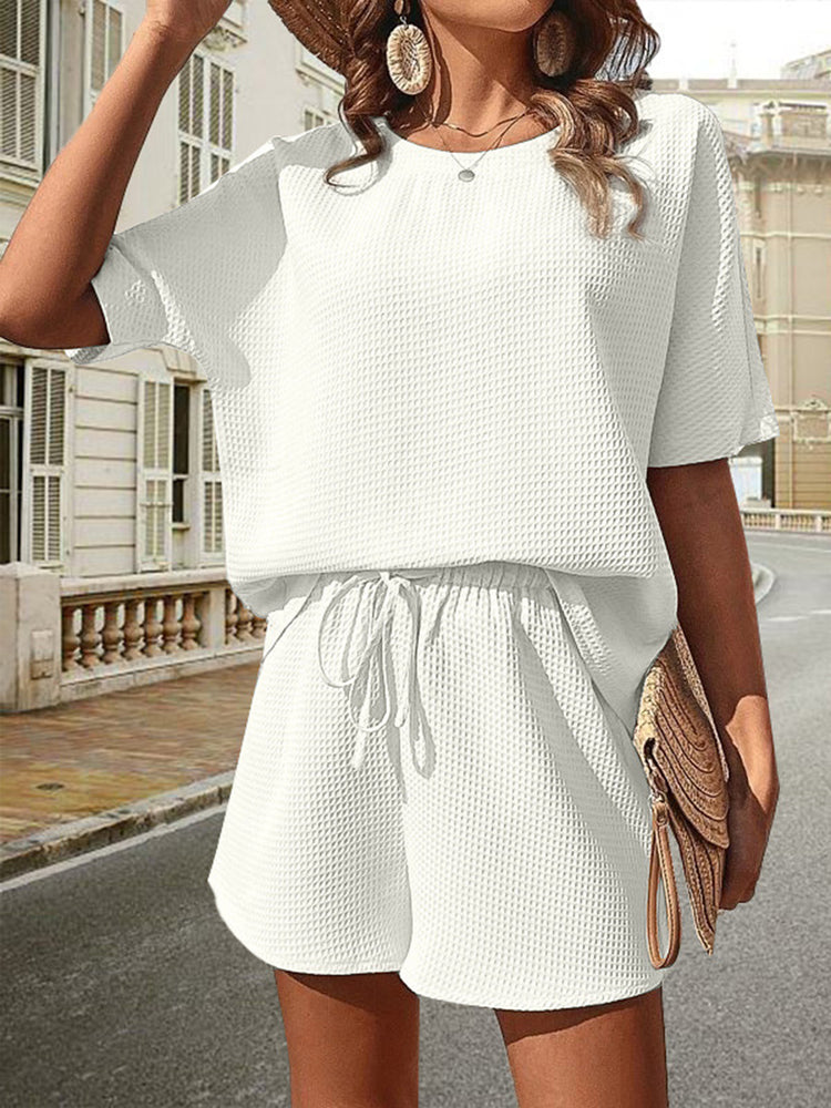 Waffle-Knit Half Sleeve Top and Shorts Set - MyEmpired