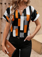 Geo Print Notched Neck Blouse, Elegant Short Sleeve Blouse For Spring & Summer, Women&