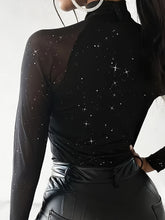 Elegant Starry Sky Sequin Embellished High Neck Sheer Mesh,Skinny Fit Long Sleeve Knit Polyester Top - All Season Elegant Collection - MyEmpired