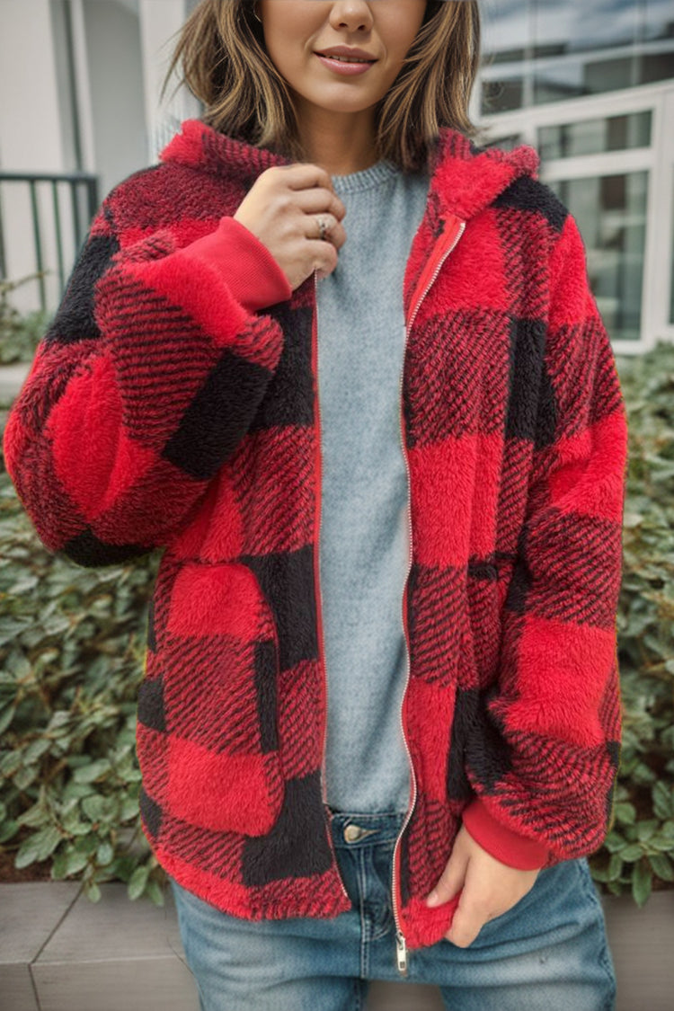 Double Take Full Size Plaid Long Sleeve Hooded Coat - MyEmpired