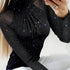 Shiny Contrast Mesh Slim T-shirt, Elegant Mock Neck Long Sleeve Top, Women&