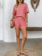 Striped Round Neck Short Sleeve Top and Shorts Set - MyEmpired