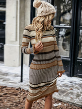 Striped Pattern Lettuce Trim Slim Dress, Elegant Mock Neck Long Sleeve Sweater Dress For Fall, Women&