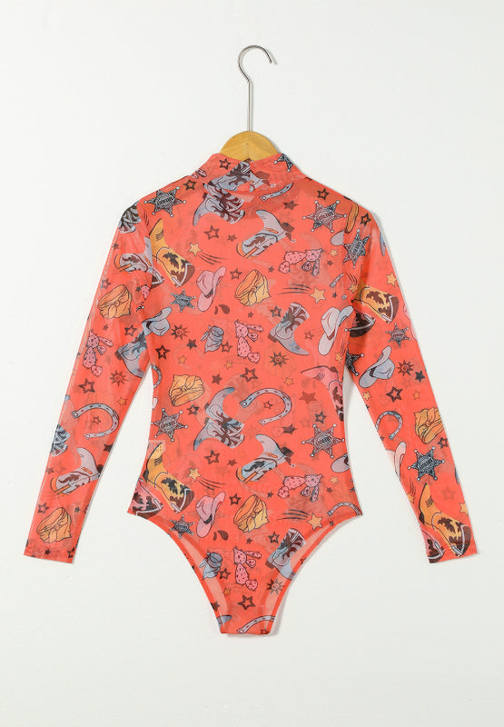 Printed Mock Neck Long Sleeve Bodysuit - MyEmpired