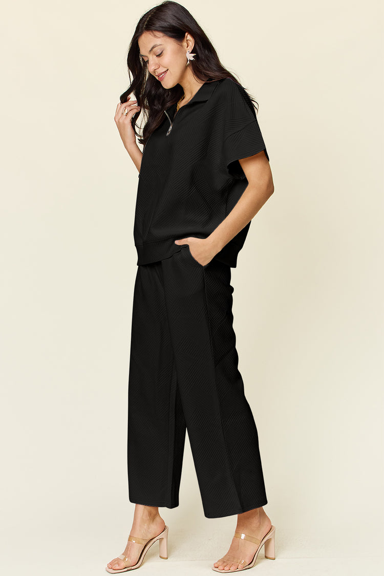 Double Take Full Size Texture Half Zip Short Sleeve Top and Pants Set - MyEmpired