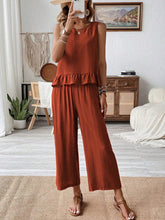 Ruffled Round Neck Top and Wide Leg Pants Set - MyEmpired