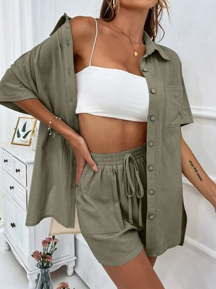 Button Up Shirt and Drawstring Shorts Set - MyEmpired