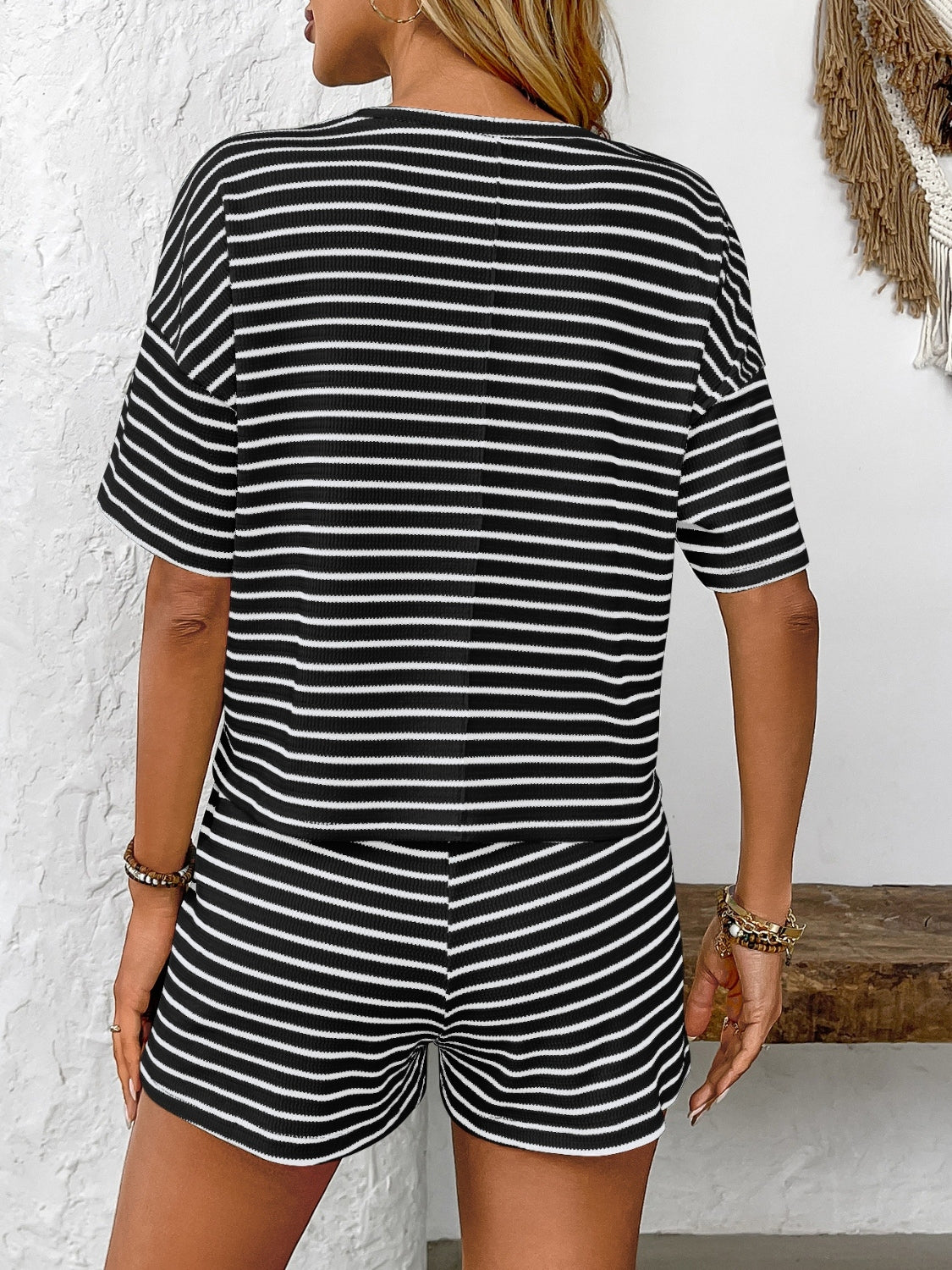 Striped Round Neck Short Sleeve Top and Shorts Set - MyEmpired