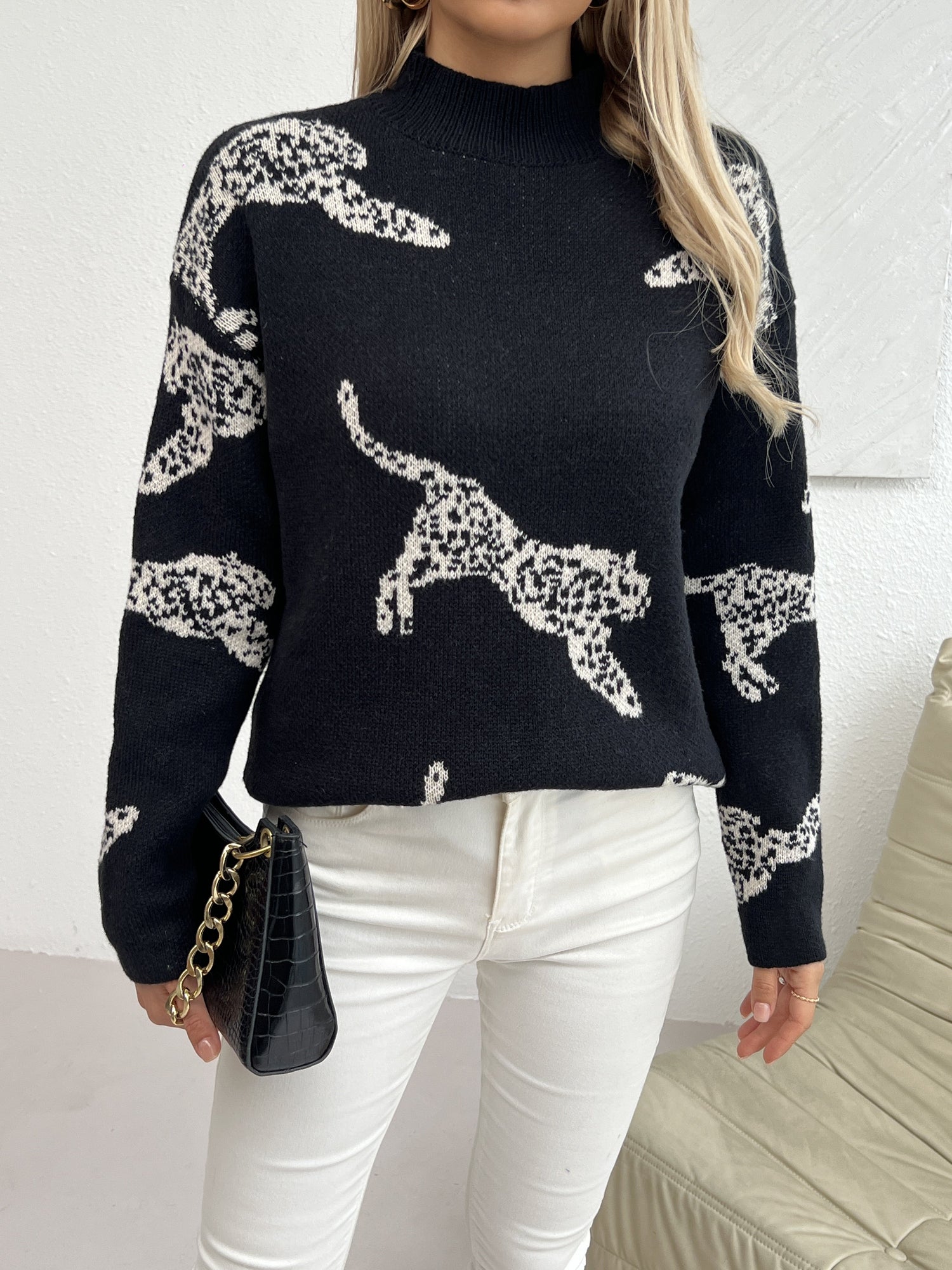 Leopard Pattern Mock Neck Sweater, Elegant Long Sleeve Sweater For Fall & Winter, Women&