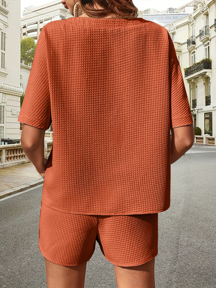 Waffle-Knit Half Sleeve Top and Shorts Set - MyEmpired