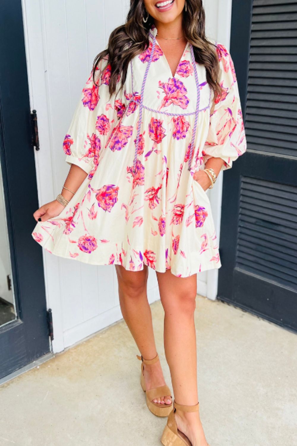 Tied Flower Printed Three-Quarter Sleeve Dress - MyEmpired