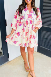 Tied Flower Printed Three-Quarter Sleeve Dress - MyEmpired