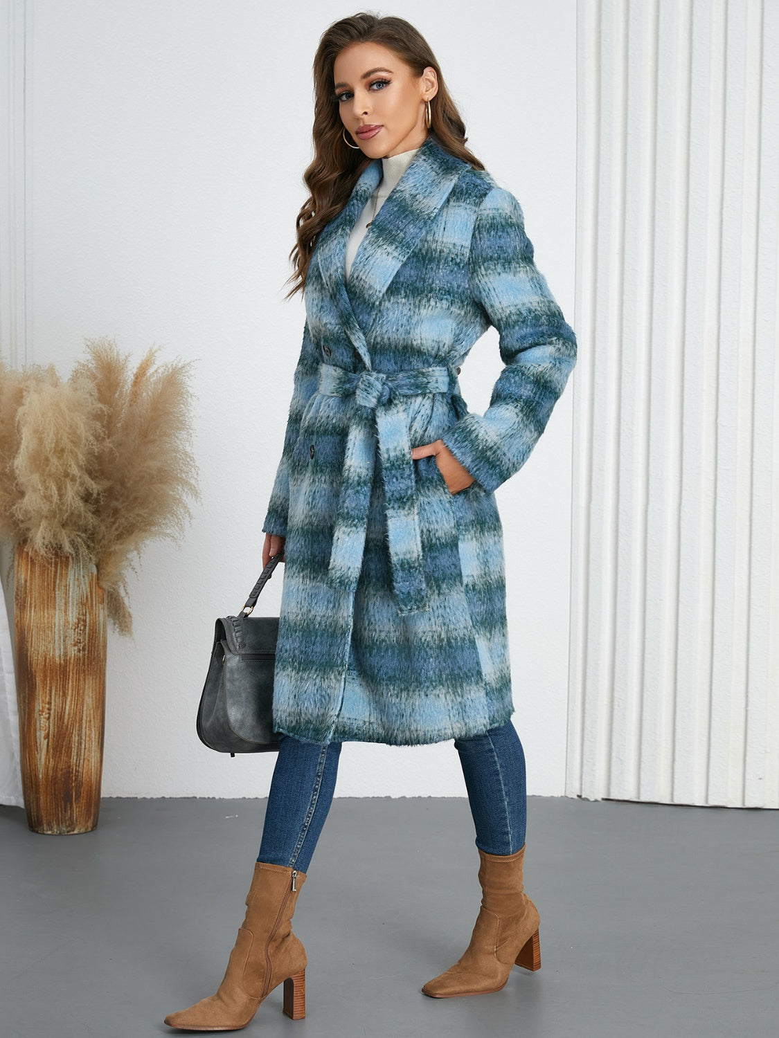 Plaid Tie Waist Long Sleeve Coat - MyEmpired