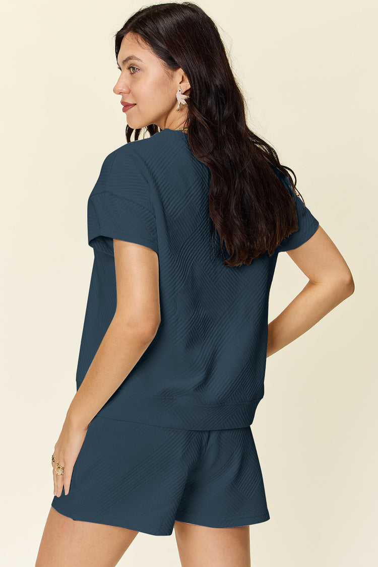 Double Take Full Size Texture Short Sleeve T-Shirt and Drawstring Shorts Set - MyEmpired