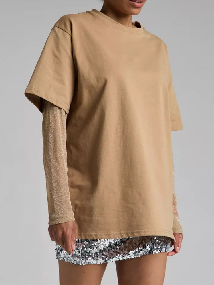 Faux Layered Round Neck Mesh Sleeve Top - MyEmpired