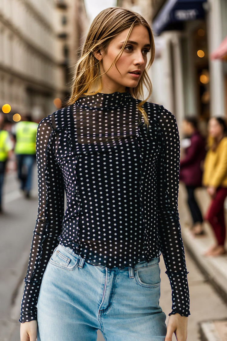 Oh Full Size Frill Printed Mock Neck Long Sleeve Top - MyEmpired