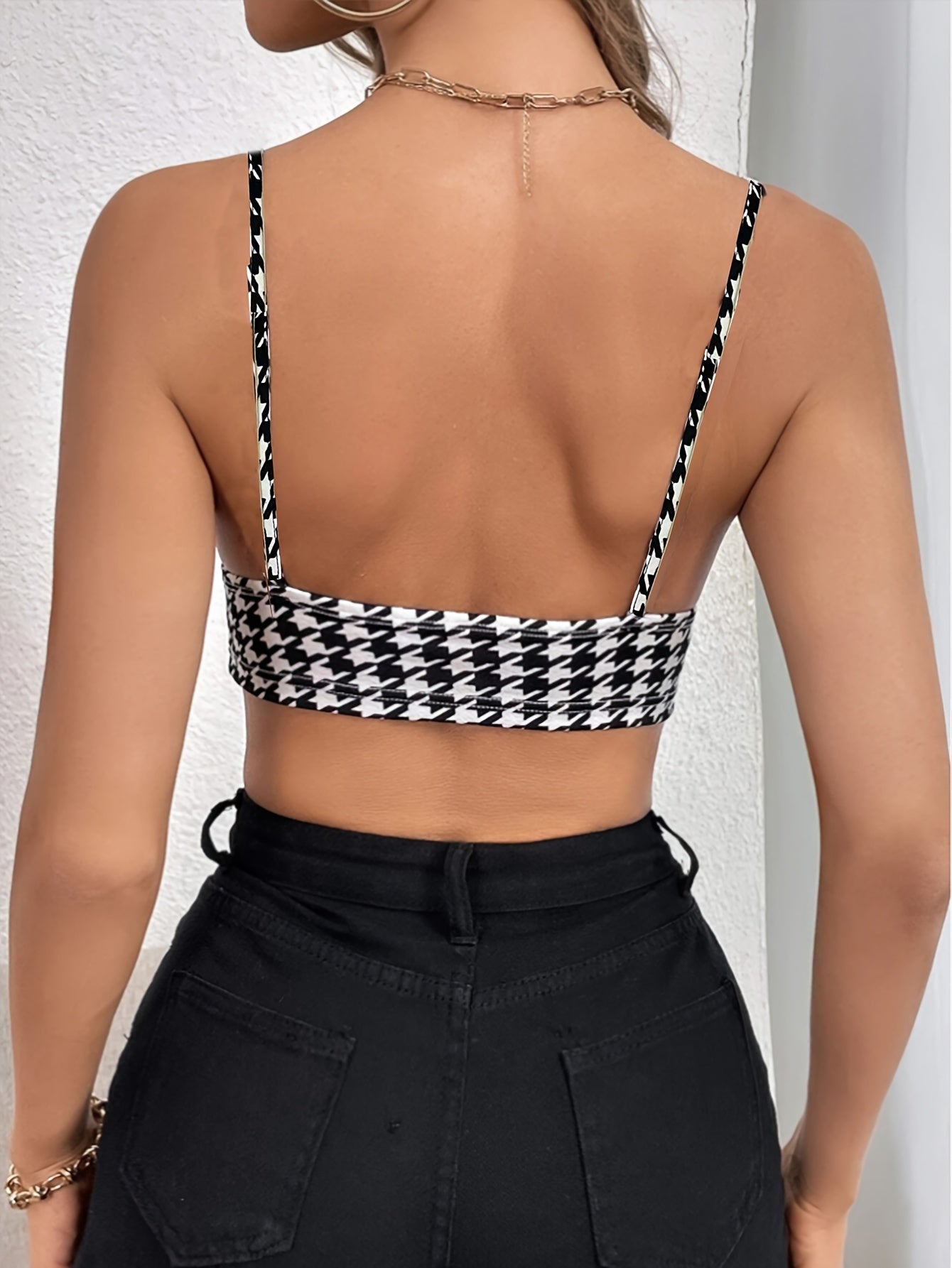 Houndstooth Print V Neck Cami Top, Sexy Backless Slim Sleeveless Spaghetti Strap Crop Top, Women&