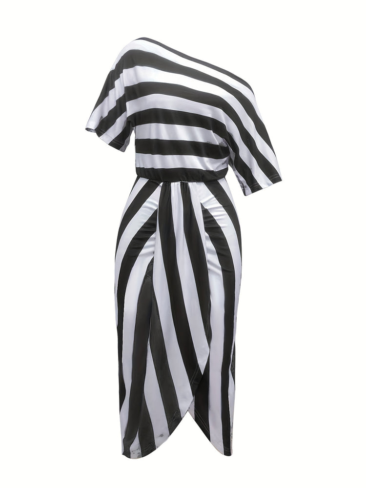 Striped One Shoulder Split Dress - MyEmpired