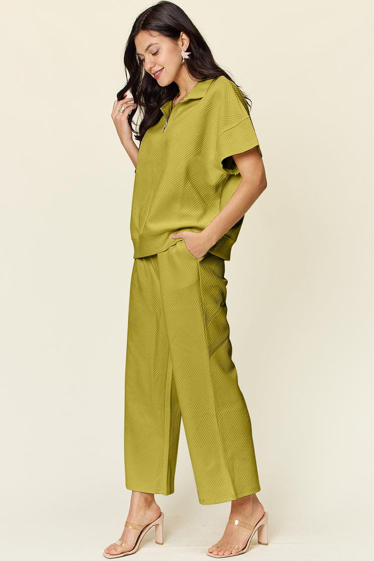 Double Take Full Size Texture Half Zip Short Sleeve Top and Pants Set - MyEmpired