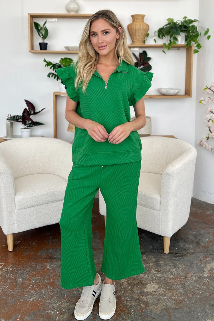 Double Take Texture Ruffle Short Sleeve Top and Drawstring Wide Leg Pants Set - MyEmpired