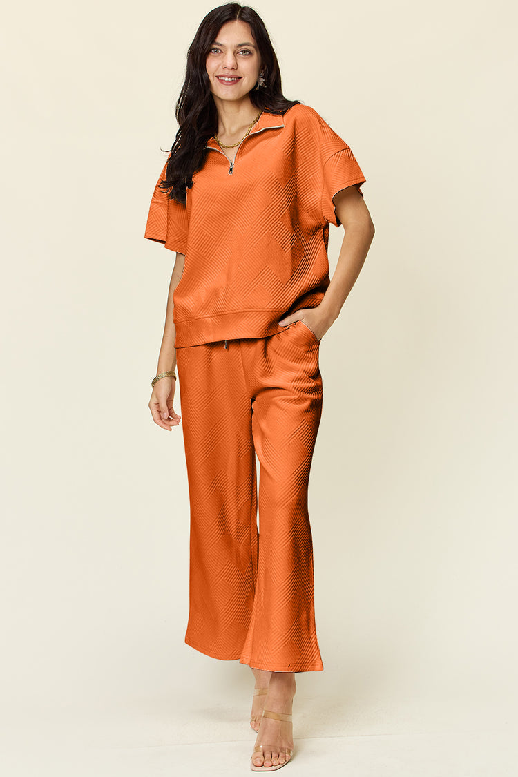 Double Take Full Size Texture Half Zip Short Sleeve Top and Pants Set - MyEmpired