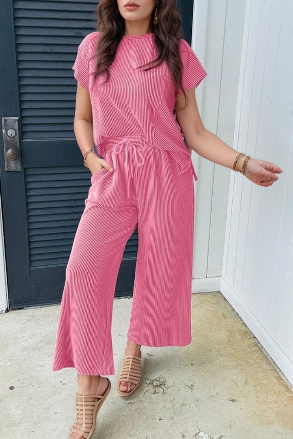 Corded Knit Short Sleeve T-Shirt and Wide Leg Pants Set - MyEmpired