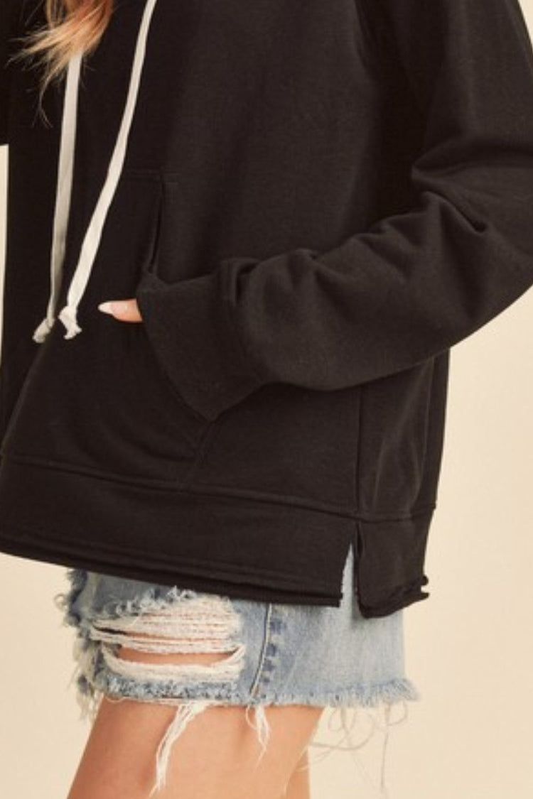 Aemi + Co Raw Hem Kangaroo Pocketed Drawstring Hoodie - MyEmpired