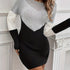 Elegant Color Block Sweater Dress for Women - Crew Neck, Geometric Knit Pattern, Long Sleeve, Polyester Knit Fabric, H Contour - Chic Knitted Pullover Dress - MyEmpired