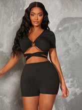 Sexy Matching Two-piece Set, Ring Linked Crop Top & Skinny Shorts Outfits, Women&