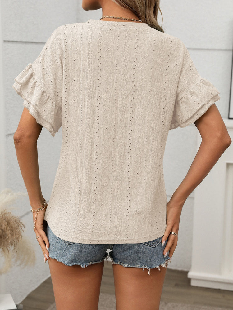 Eyelet Round Neck Flounce Sleeve Top - MyEmpired
