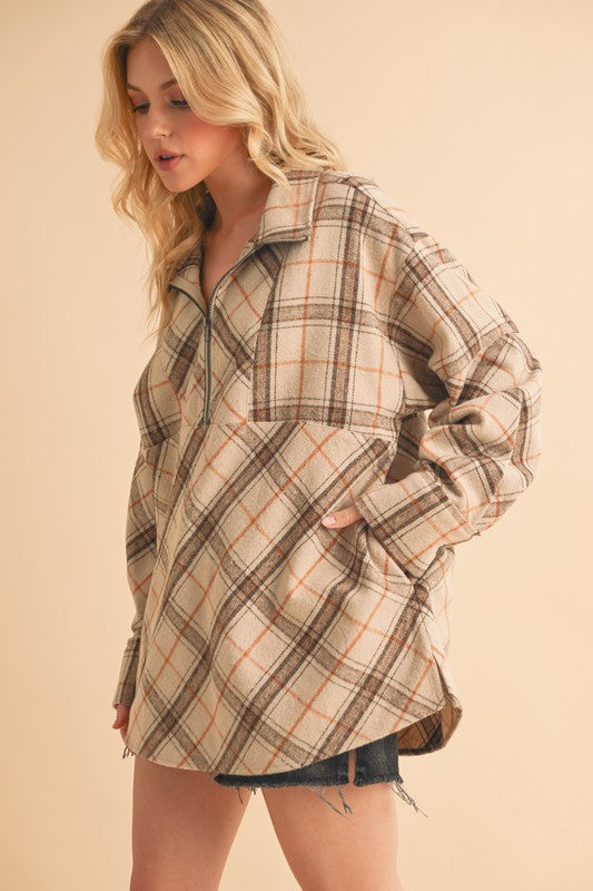 Aemi + Co Slit Plaid Half Zip Drop Shoulder Top - MyEmpired